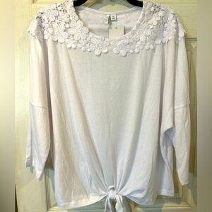 NWT ELLE White Soft Knit Top Mid Length Sleeves and Tie at Bottom of Hem